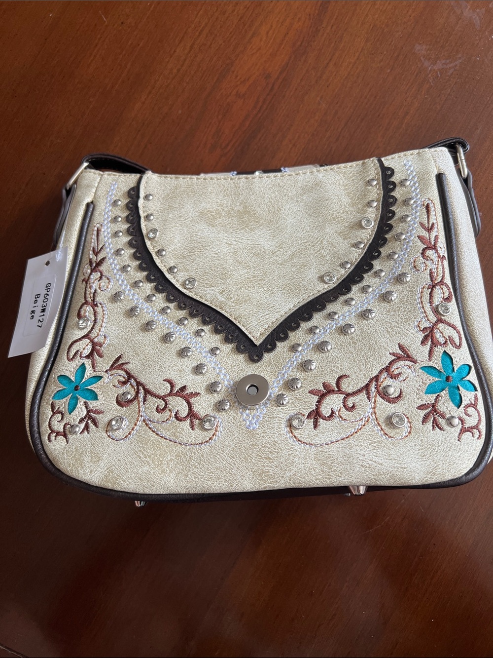 Decorative Cream Shoulder Bag with Turquoise Floral Accents